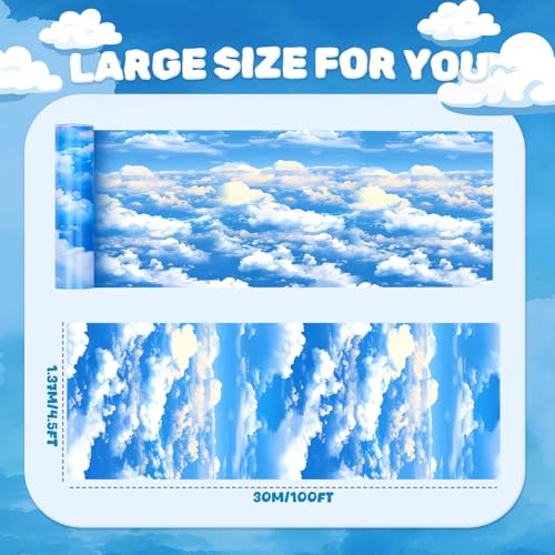 Blue Sky White Cloud Party Tablecloth - 1181 x 59 Inch, Cloud Pattern, Waterproof & Cuttable, Children's Birthday & Outdoor Decor - Variation: Clouds / 15.9 x 3.2 Inch