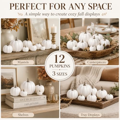 White Mini Pumpkins Artificial Fall Decor Set - 12 Pieces in 3 Sizes with Variation