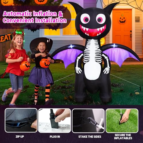 6.8 FT Halloween Inflatable Skeleton Dragon with LED Lights Outdoor Yard Decoration - Giant Blow Up Halloween Dragon - Front Lawn Garden Decor