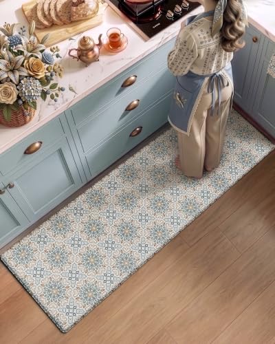 Anti-Fatigue Kitchen Floor Mat 24x59 Inches - Beige & Blue, Cushioned Comfort