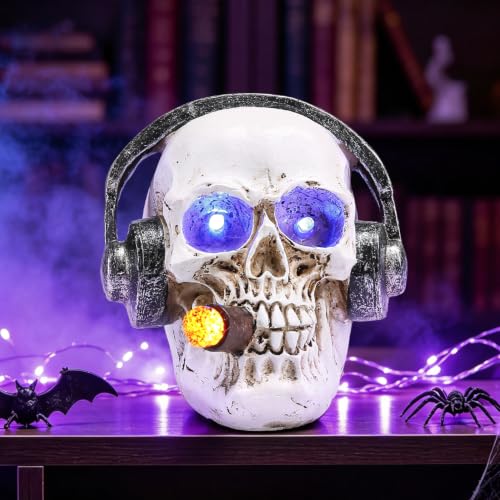 Halloween Skull Headphone Statue with LED Lighted Eyes - 4.7" Resin Decor