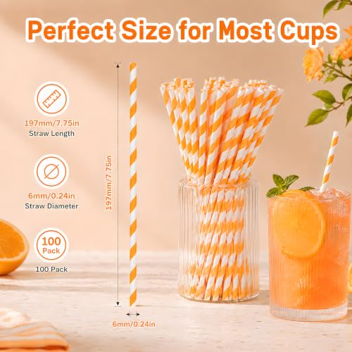 Orange Striped Paper Drinking Straws - Halloween & Party Decor - 100 Pack