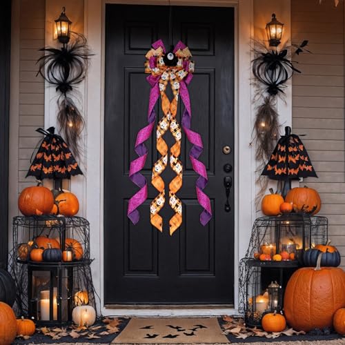Large Halloween Tree Topper Bow - Spooky Ghosts, Eyeballs & Black Roses Decoration