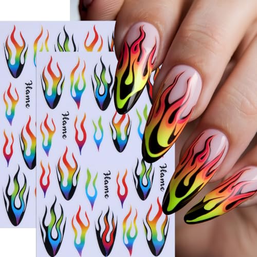 Halloween Flame Nail Stickers Set - Self-Adhesive Rainbow Gradient Flame Decals, Style 08