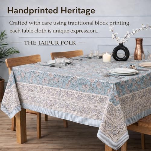 Hand Block Printed Floral Rectangle Table Cloth - Sky Blue, 108x72 Inches, Cotton, Festive & Everyday Use