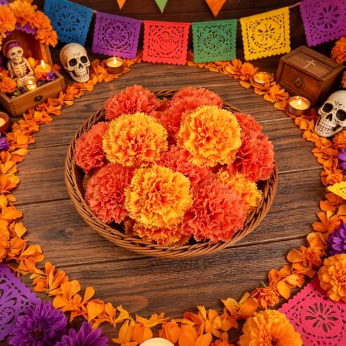 Artificial Silk Carnation Flower Heads with Stems - Orange Yellow, 24 Pack