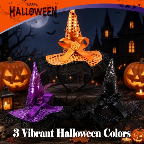 Halloween Sequin Witch Hat Headband Set with Lights - Festive Hair Accessories 3 Pcs