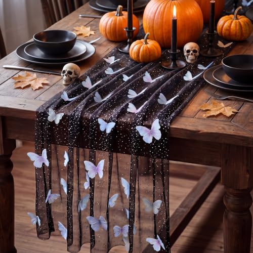 Halloween Black Butterfly Table Runner 9.8 ft Tulle Tablecloth for Parties