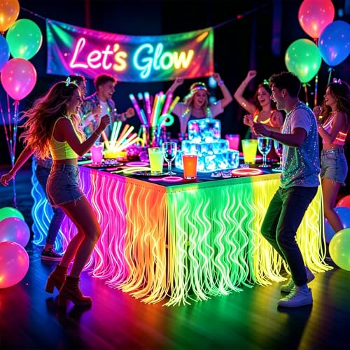 Glow in The Dark Party Table Skirts Set - 4 Pack Fluorescent Wavy Foil Fringe for Neon & Blacklight Events