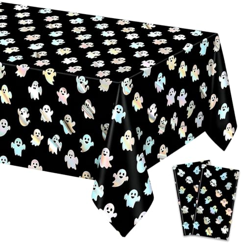 Halloween Ghost Tablecloth Set - 2 Pcs Waterproof 54x108 Inch Black Disposable Cover
