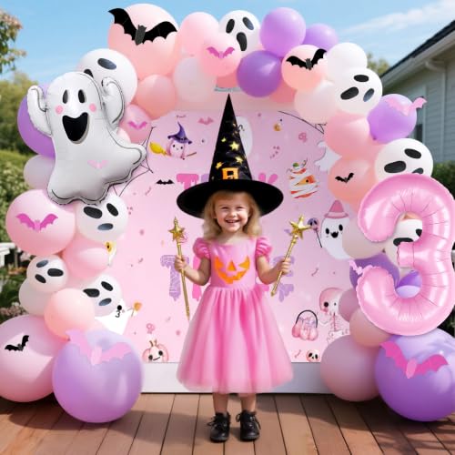 Pink Trick or Three Birthday Decorations Set for Girl 3rd Halloween Party