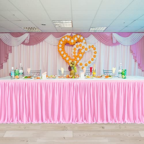 Pink 17ft Ruffle Table Skirt for Rectangular Tables Wedding Party Banquets - Pink / 203" x 30"