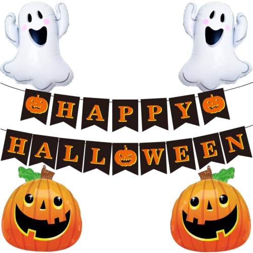 Halloween Banner with Ghost and Pumpkin Balloons - Party Decorations
