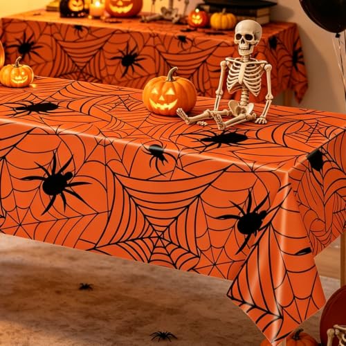Halloween Spiderweb Tablecloths Set - Orange, 2 Pack Rectangular Plastic Coverings