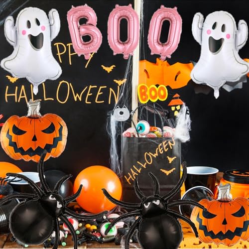 Halloween Foil Balloons Set - Ghost, Spider, Pumpkin & Pink Boo for Party Decorations