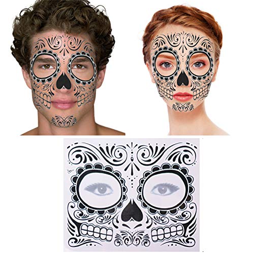 Day of the Dead Sugar Skull Face Temporary Tattoos - Halloween Makeup Stickers, 4 Sheets