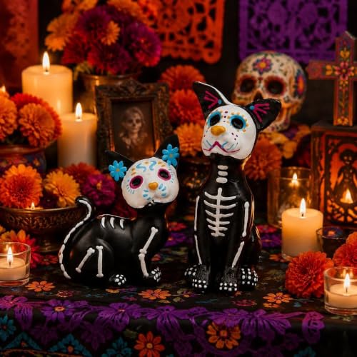 Day of the Dead Cat & Dog Skeleton Figurines Set - Halloween & Día de los Muertos Decor