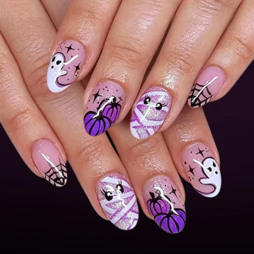 Halloween Short Almond Press-On Nails Set with Ghost Pumpkin Spider Web Mummy Design - HO09