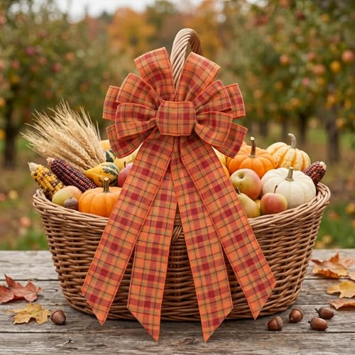 Large Fall Wreath Bow - 20 Inch Orange Plaid Burlap for Front Door & Holiday Decor