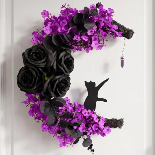 Halloween Moon Wreath 15 Inch Gothic Black Cat Decor with Faux Roses & Purple Flowers