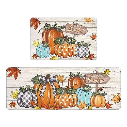 Colorful Fall Kitchen Mat Set Anti-Fatigue Floor Mats with Pumpkin Design - 2 pcs