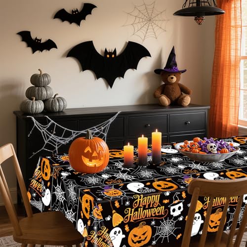 Black Halloween Tablecloth 3 Pack 54x108 Inches Disposable Plastic Cover with Pumpkin Ghost Designs