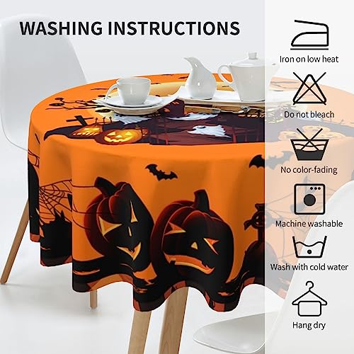 Halloween Pumpkin Castle Ghost Round Tablecloth 60 Inch Orange Black Decor