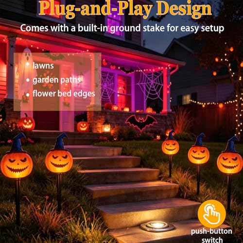 Halloween Solar Pumpkin Stake Lights with Witch Hat - Orange, IP65 Waterproof, Garden Pathway Decor