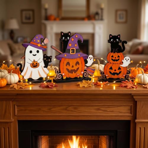 Halloween Wooden Tabletop Signs Set - Ghost Pumpkin Black Cat Spooky Cute Desk Decor