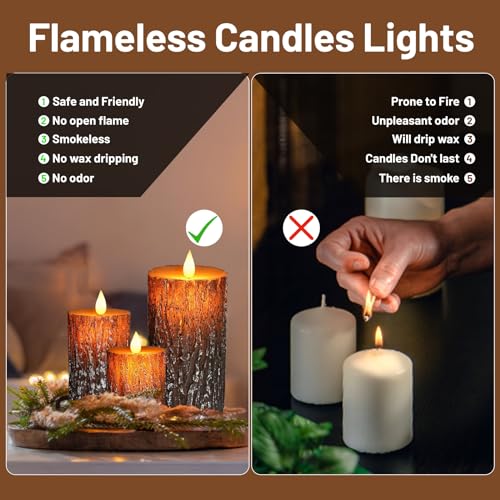 Pine Bark Flameless Candle Set of 3 with Remote & Timer - Brown Variation