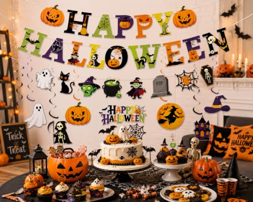 Halloween Party Decorations Set with Banners, Hanging Swirls, and Cake Toppers