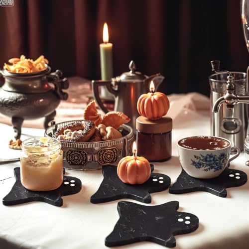 Halloween Ghost Marble Coasters - Black & White Set, 4 Pieces with Silicone Feet