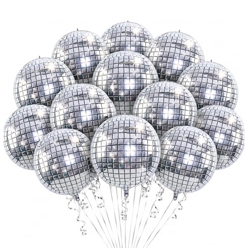 Disco Ball Balloons Set - 15pcs 18-Inch Silver Foil Inflatable Party Decorations - 70s 80s 90s Theme, Bachelorette, Y2K