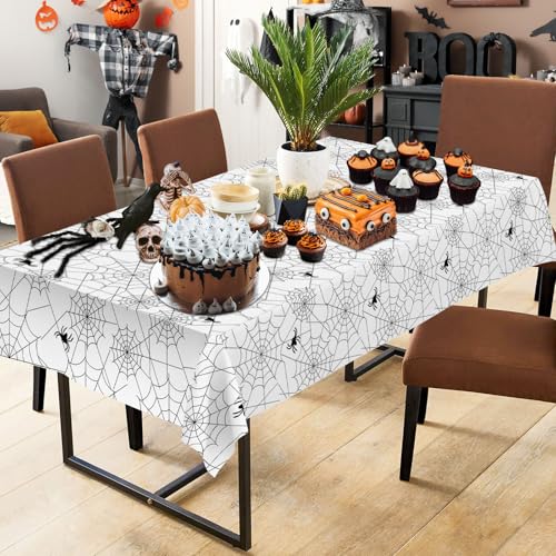 White Halloween Spider Web Plastic Tablecloths - Set of 2, 108x54 Inch