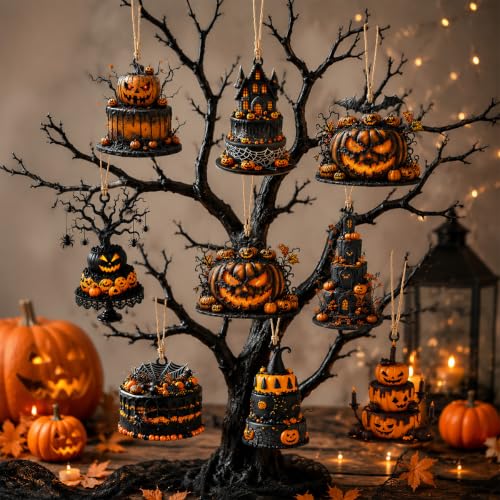 Halloween Wooden Ornaments Set - Gothic Pumpkin Spider Bat Hanging Decorations - Classic-2