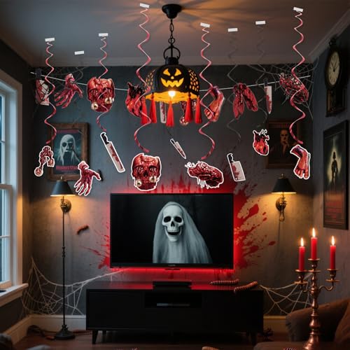 Halloween Party Banner with Fake Knives & Red Splatter Effects – Creepy Haunted House Decorations (4 Pieces)