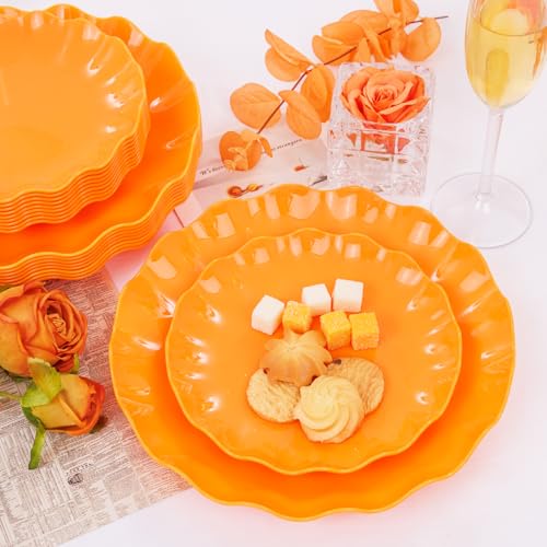 Reusable Orange Plastic Dinner & Dessert Plates Set for 12 Guests - Fall & Holiday Tableware with Lotus Edge