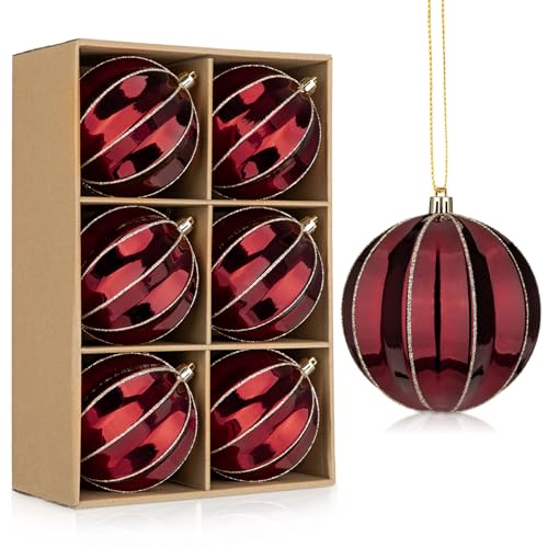 Burgundy Shatterproof Christmas Ball Ornaments - 6 Pack 3.94" Large Holiday Tree Decorations with Hanging Loops