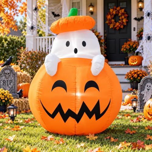 Inflatable Ghost Pumpkin Halloween Yard Decoration - 4ft Outdoor Blow Up Decor - Pumpkin Ghost Variation