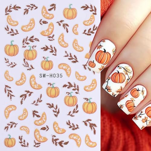 Fall Nail Stickers Set - Halloween Pumpkin & Maple Leaf Decals with Variation Red2
