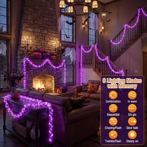 Purple Halloween LED Chain Lights 10.5 Ft with 175 Vivid Orange LEDs, USB & Battery Powered