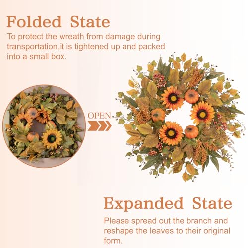 Fall Eucalyptus Wreath with Pumpkin Sunflowers & Leaves - 24 Inch Orange