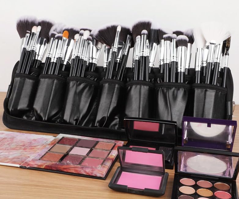 wfljl Professional Makeup Brush Organizer Bag - Leather Travel Case | Portable Cosmetic Bag with Multiple Pockets, Perfect for Makeup Artists & Daily Use to Hold & Protect Brushes Efficiently