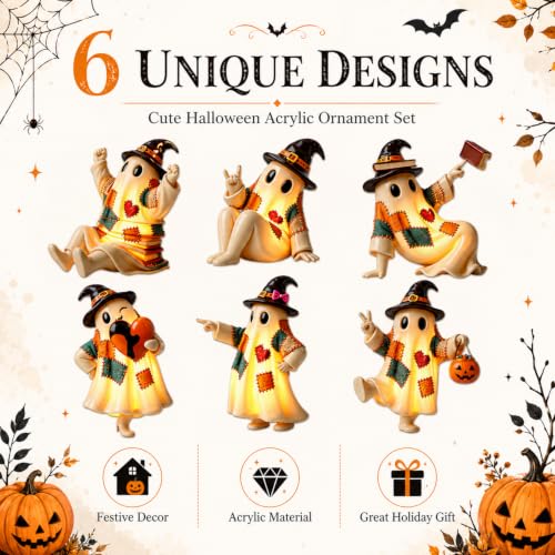 Halloween Ghost Hanging Ornaments Set - 6 Acrylic Patchwork Tree Decorations - Ghost-a-1233