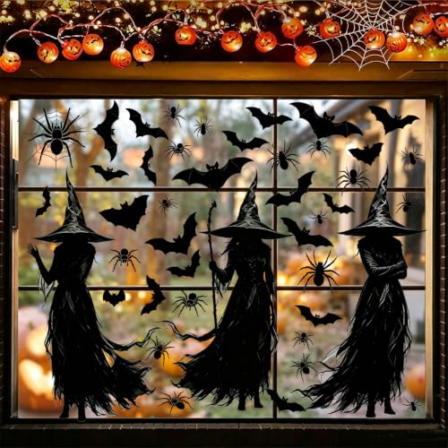 3 Extra Large Halloween Static Window Clings - Black Witch Spider Bat Silhouette Set