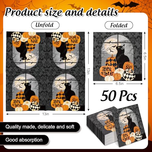 Halloween Paper Napkins 50 Pack Black Cat Pumpkin Disposable Dinner Hand Napkins - 6.5x6.5 Inch