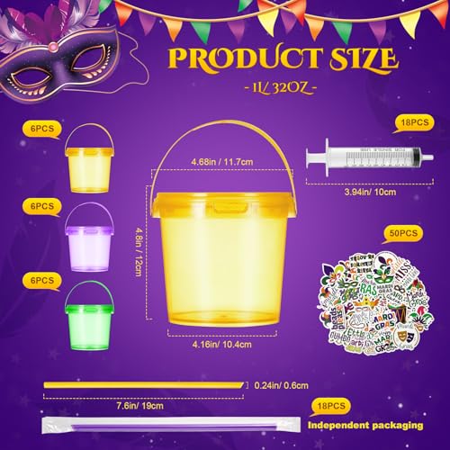 18 Pack 32 oz Mardi Gras Plastic Drink Buckets with Lids & Straws for Parties