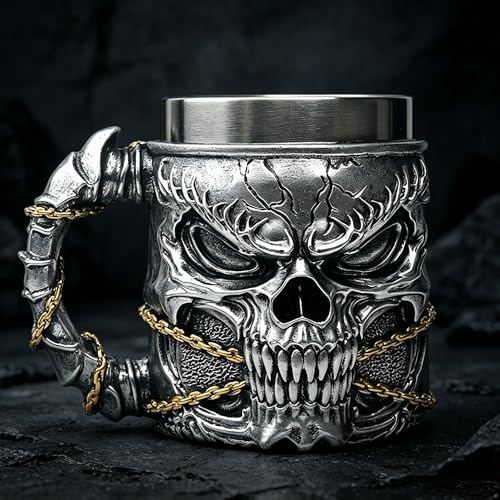 Silvery Skull Mug - 15.8oz Stainless Steel Drinkware with Resin Outer