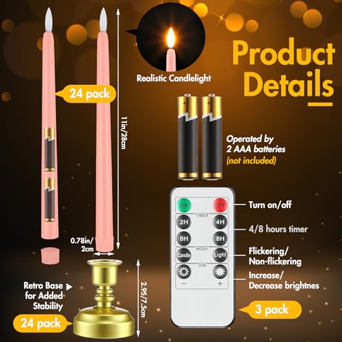 Pink Flameless Taper Candles with Remote Control Set - Realistic Flickering LED Lights for Holiday & Wedding Decor (24 Pack)