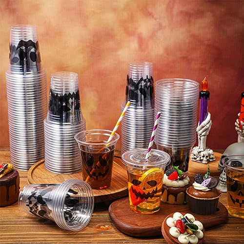 Halloween Ghost Disposable Cups Set - 12 oz Plastic Party Cups with Lids & Straws, 120 Pack